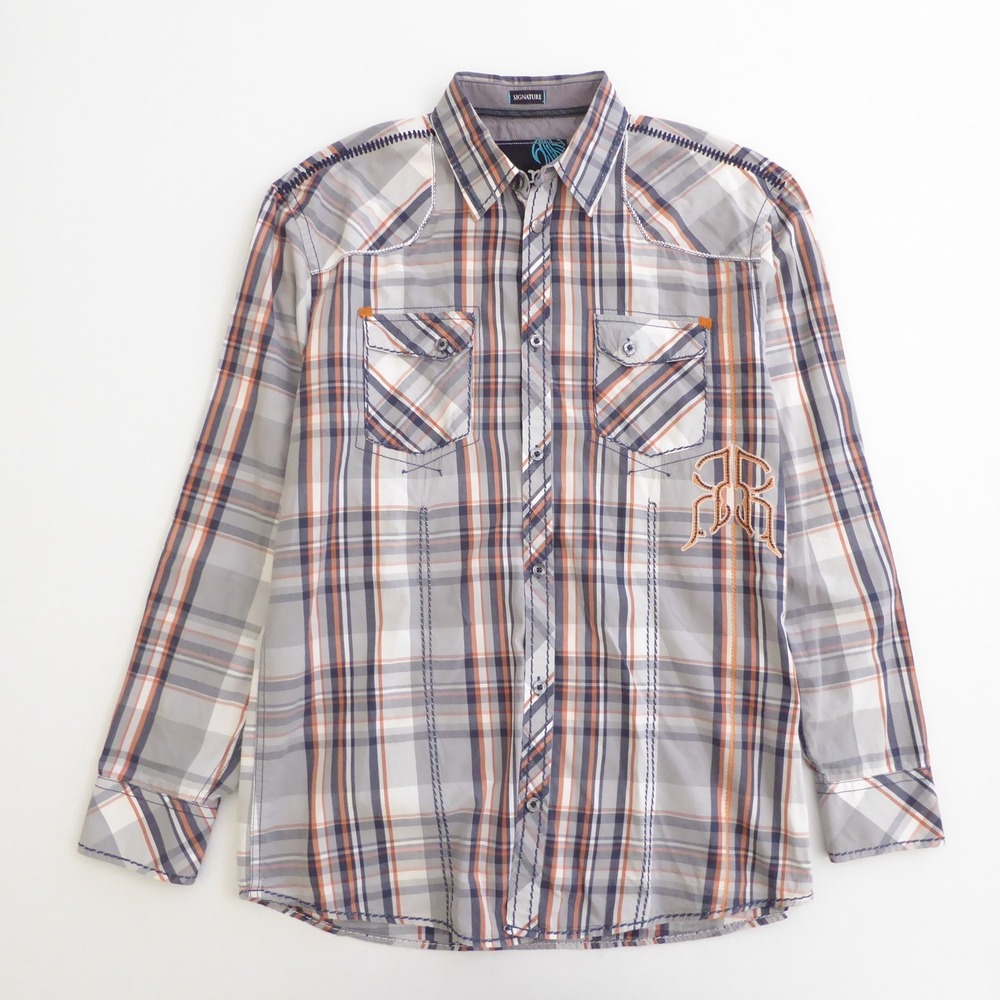 Roar Mens Button Up Western Shirt Gray Orange Plaid Embroidered Signature XL